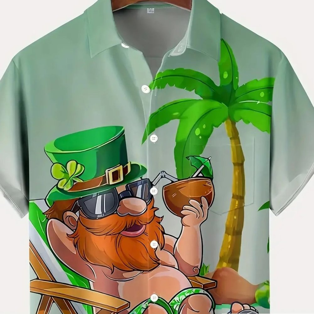 Men's Short Sleeve Hawaiian St Patrick's Day Leprechaun Light Weight Collared XL